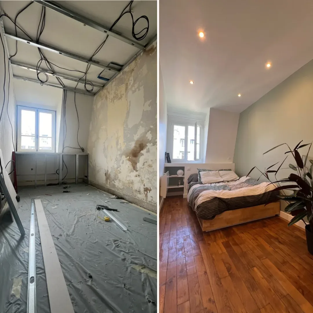 Avant / après : chambre sous combles, murs décapés et câblage apparent, puis pièce finie avec parquet et peinture claire
